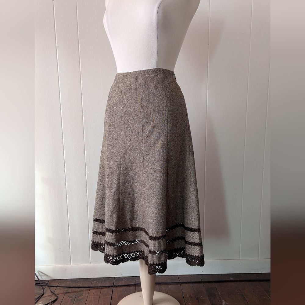 Vintage Brown Wool Blend Crochet Trim Midi Skirt By Talbots Size 12